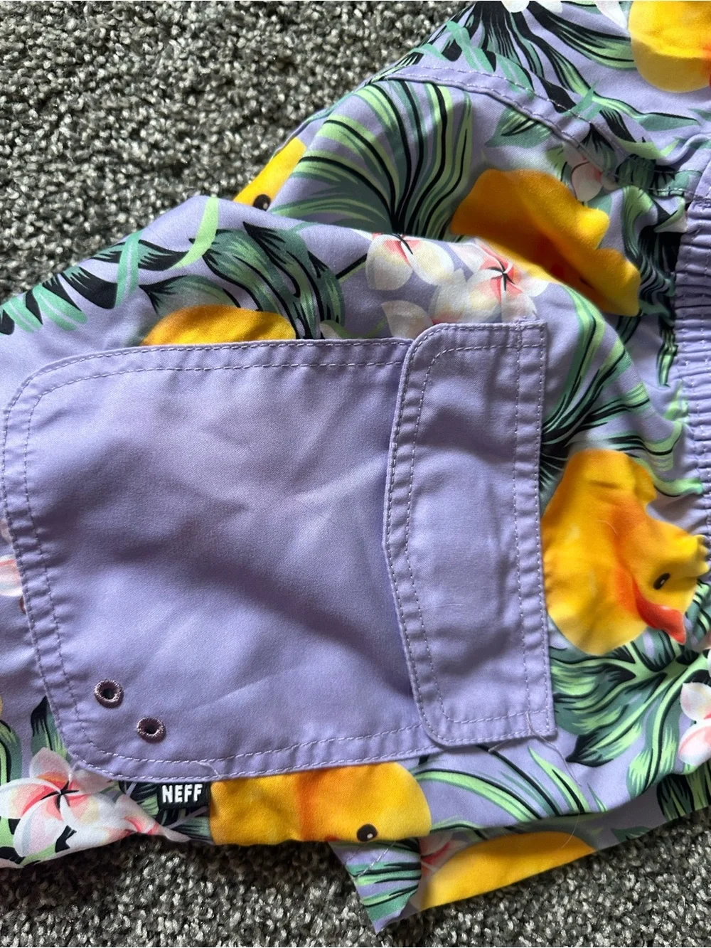 Neff Purple Swim Trunks with Yellow Rubber Duck Print